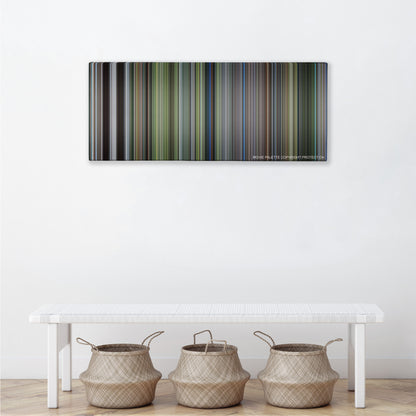 The Thin Red Line color palette canvas above a white bench with three woven baskets
