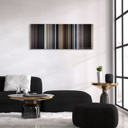 Cast Away color palette canvas above a black sofa with a gold-topped table