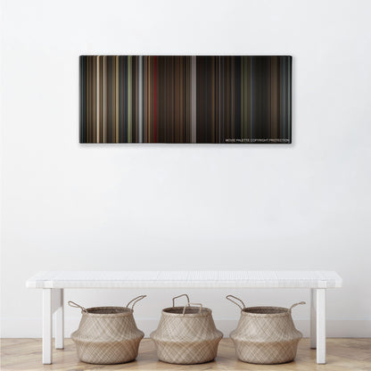Darkest Hour color palette canvas above a white bench with three woven baskets