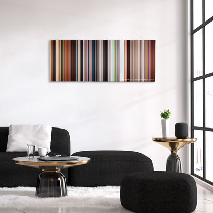 Mulan color palette canvas above a black sofa with a gold-topped table