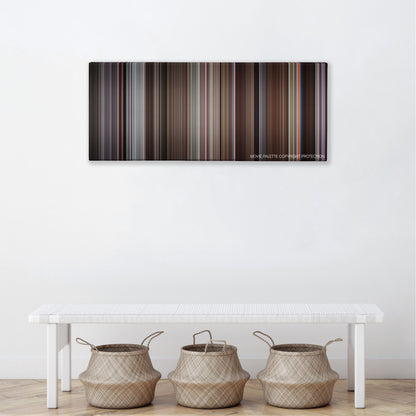The Meaning of Life color palette canvas above a white bench with three woven baskets