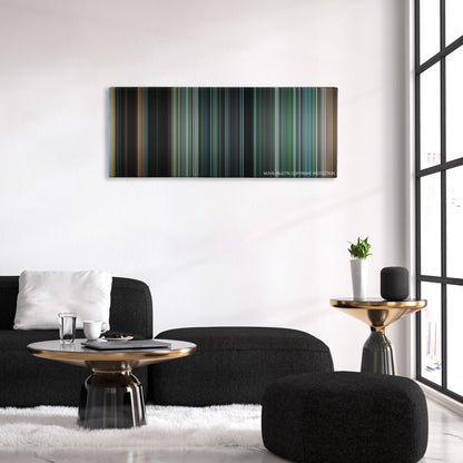 Tears of the Sun color palette canvas above a black sofa with a gold-topped table