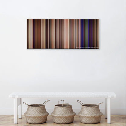 Neighbors 2: Sorority Rising color palette canvas above a white bench with three woven baskets