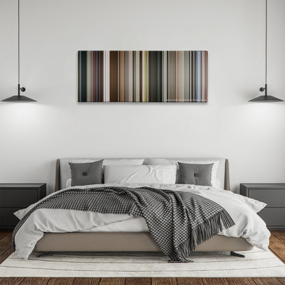 Mission: Impossible - Fallout color palette canvas above a bed, between two black pendant lamps