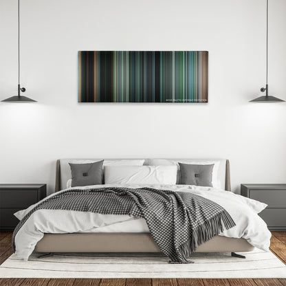 Tears of the Sun color palette canvas above a bed, between two black pendant lamps