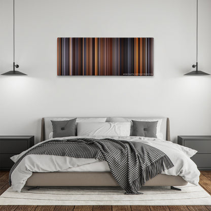 The English Patient color palette canvas above a bed, between two black pendant lamps
