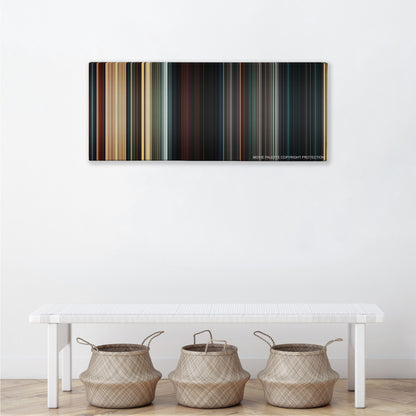 The Mummy color palette canvas above a white bench with three woven baskets