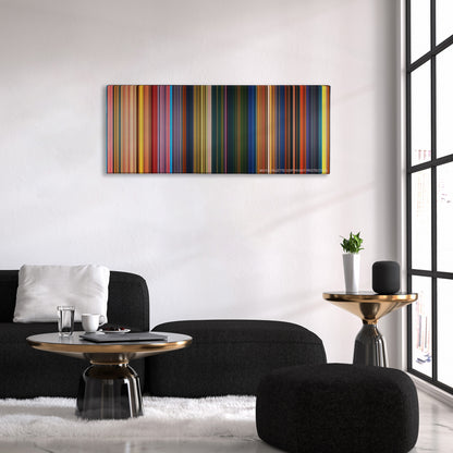 The Princess and the Frog color palette canvas above a black sofa with a gold-topped table