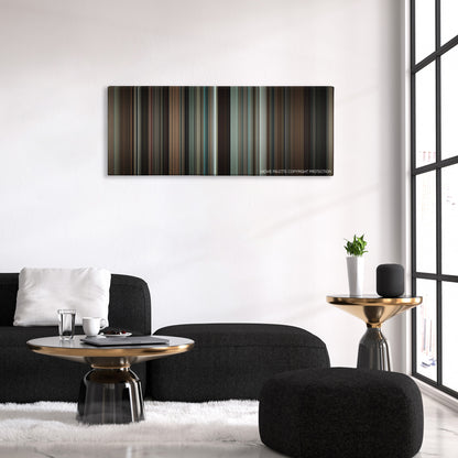 Brothers color palette canvas above a black sofa with a gold-topped table