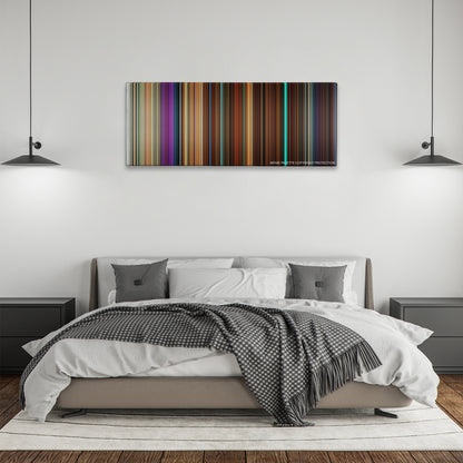 Nerve color palette canvas above a bed, between two black pendant lamps