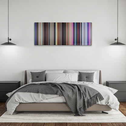 Big Hero 6 color palette canvas above a bed, between two black pendant lamps