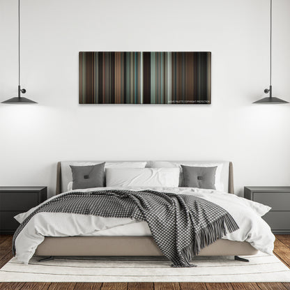 Brothers color palette canvas above a bed, between two black pendant lamps