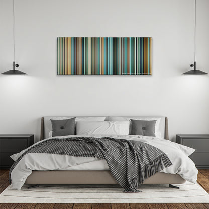 Layer Cake color palette canvas above a bed, between two black pendant lamps