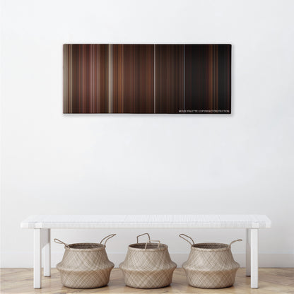 The Man from Earth color palette canvas above a white bench with three woven baskets