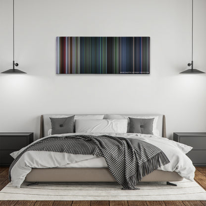 Jurassic Park III color palette canvas above a bed, between two black pendant lamps