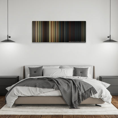 A Quiet Place color palette canvas above a bed, between two black pendant lamps