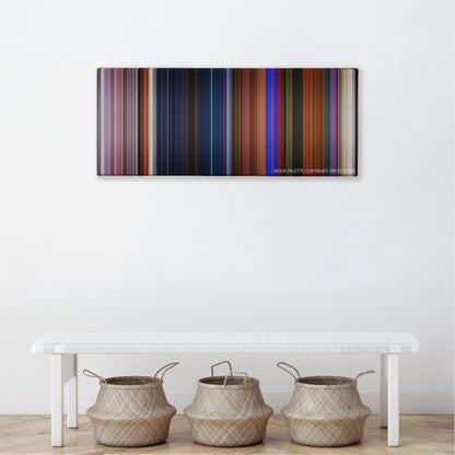 Journey to the Center of the Earth color palette canvas above a white bench with three woven baskets