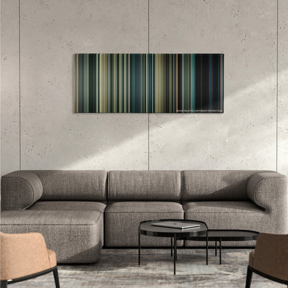Edge of Tomorrow color palette canvas on a concrete wall above a gray sectional sofa