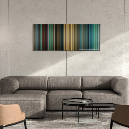 World War Z color palette canvas on a concrete wall above a gray sectional sofa