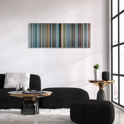The Secret Life of Walter Mitty color palette canvas above a black sofa with a gold-topped table