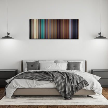Kill Bill: Vol. 1 color palette canvas above a bed, between two black pendant lamps