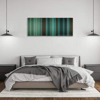 Twilight color palette canvas above a bed, between two black pendant lamps
