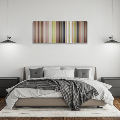 Wedding Crashers color palette canvas above a bed, between two black pendant lamps