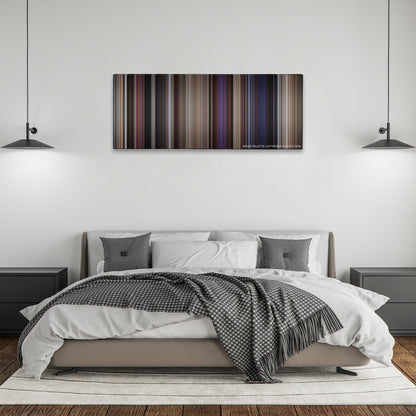 The Blues Brothers color palette canvas above a bed, between two black pendant lamps