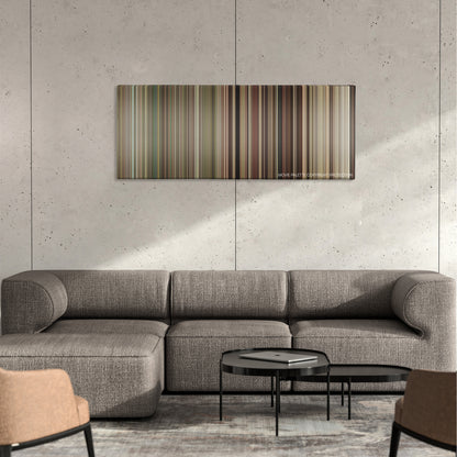 Death at a Funeral color palette canvas on a concrete wall above a gray sectional sofa