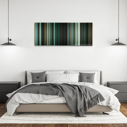 The Crazies color palette canvas above a bed, between two black pendant lamps