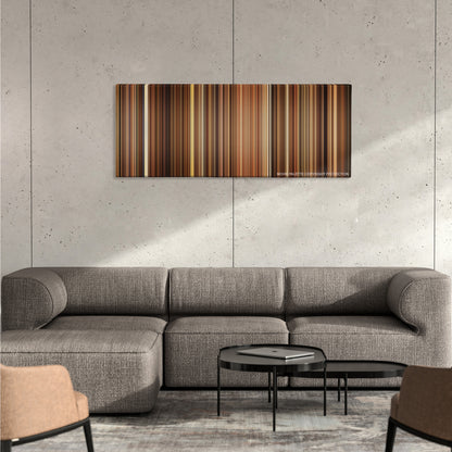 Lock, Stock and Two Smoking Barrels color palette canvas on a concrete wall above a gray sectional sofa