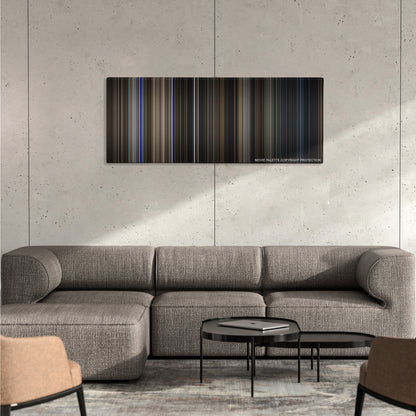 The Amazing Spider-Man color palette canvas on a concrete wall above a gray sectional sofa