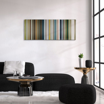 Life of Pi color palette canvas above a black sofa with a gold-topped table