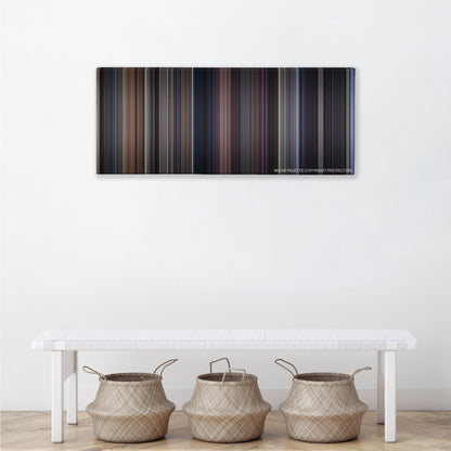 The Fly color palette canvas above a white bench with three woven baskets