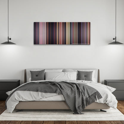 Scooby-Doo color palette canvas above a bed, between two black pendant lamps