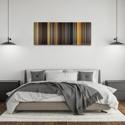 Dune color palette canvas above a bed, between two black pendant lamps