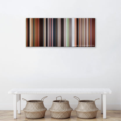 Mulan color palette canvas above a white bench with three woven baskets