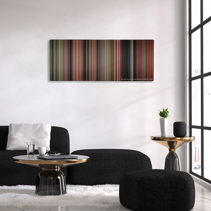 The Karate Kid color palette canvas above a black sofa with a gold-topped table