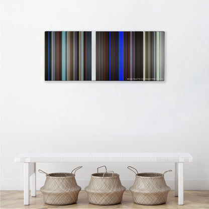25th Hour color palette canvas above a white bench with three woven baskets