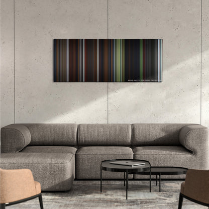 Pirates of the Caribbean: On Stranger Tides color palette canvas on a concrete wall above a gray sectional sofa