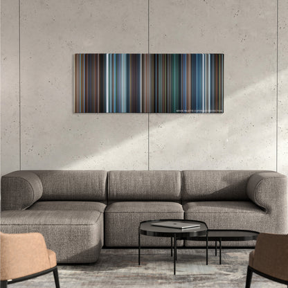 X-Men: The Last Stand color palette canvas on a concrete wall above a gray sectional sofa