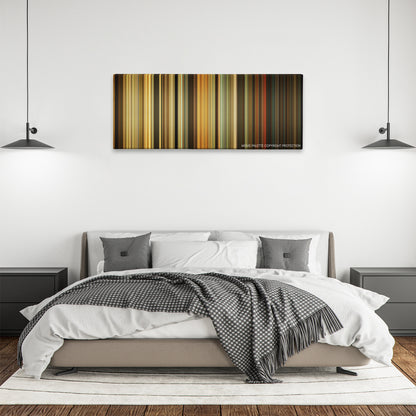 The Family color palette canvas above a bed, between two black pendant lamps