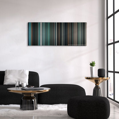 The Day the Earth Stood Still color palette canvas above a black sofa with a gold-topped table