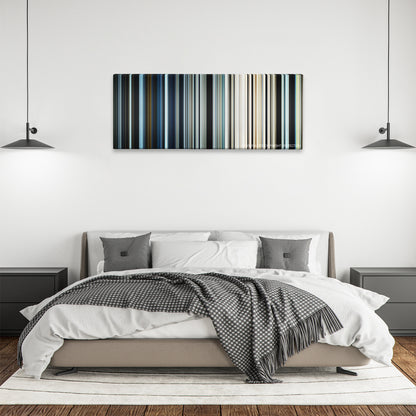 The Way Back color palette canvas above a bed, between two black pendant lamps