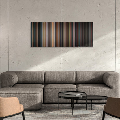 Spider-Man 3 color palette canvas on a concrete wall above a gray sectional sofa