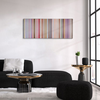 PK color palette canvas above a black sofa with a gold-topped table