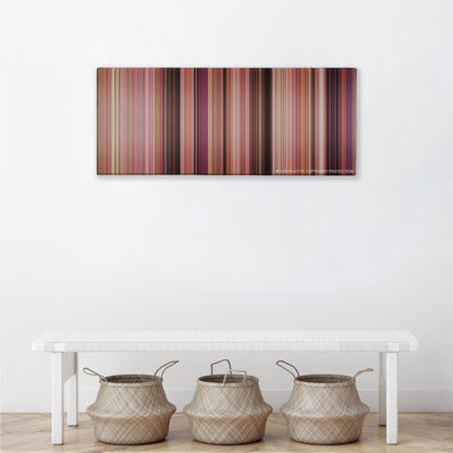 Mean Girls color palette canvas above a white bench with three woven baskets