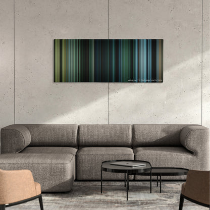 Triple Frontier color palette canvas on a concrete wall above a gray sectional sofa