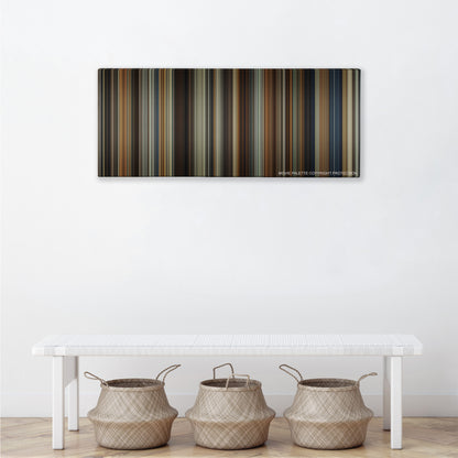 The Girl on the Train color palette canvas above a white bench with three woven baskets
