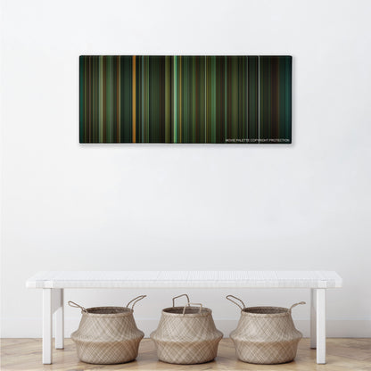 The Shape of Water color palette canvas above a white bench with three woven baskets